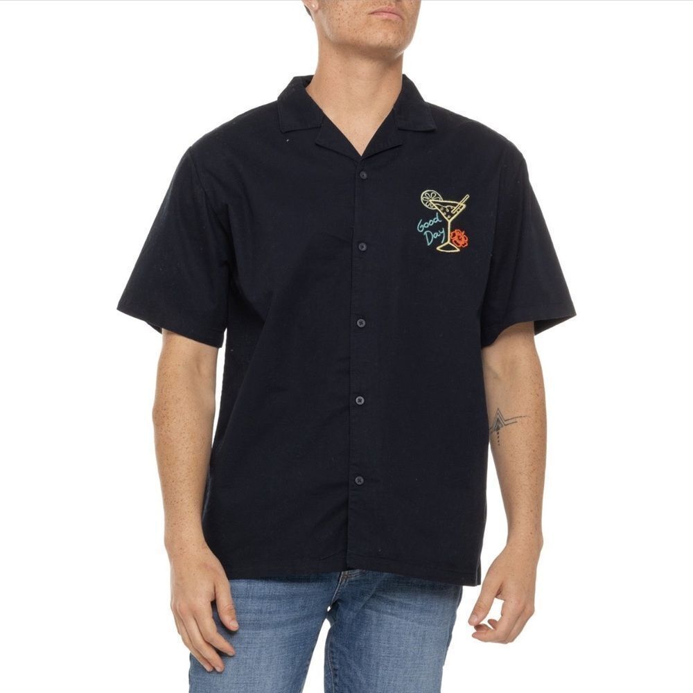 Matix Black Lightweight Twill Embroidered Short Sleeve Button-Down Casual Shirt